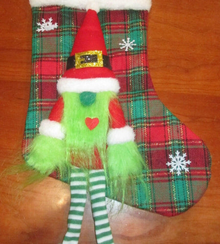 Unbranded Grinch Gnome Christmas Stocking 17" Red Green Plaid Sparkly Hat