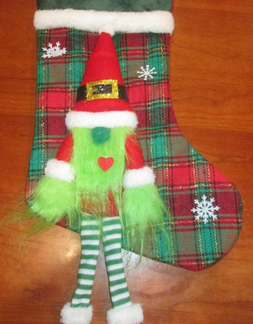 Load image into Gallery viewer, Unbranded Grinch Gnome Christmas Stocking 17" Red Green Plaid Sparkly Hat

