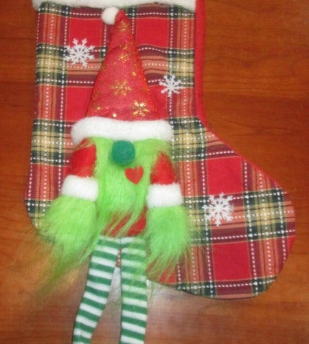 Unbranded Grinch Gnome Christmas Stocking Red Plaid 17" Snowflake Hat