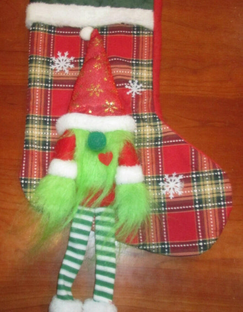 Load image into Gallery viewer, Unbranded Grinch Gnome Christmas Stocking Red Plaid 17" Snowflake Hat
