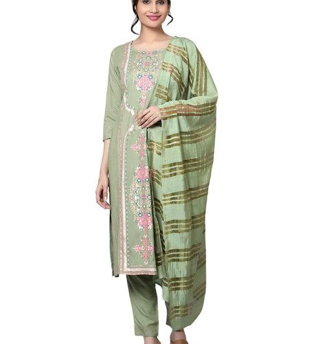 [Like New] Bani Women Rayon Embroidered Kurta Pant Dupatta Set Green Size XX-Large