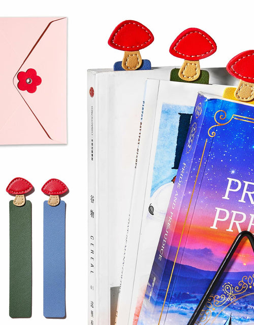 Load image into Gallery viewer, GIHOP Leather Mushroom Bookmarks 3 PCS Blue Green Yellow Handmade Cute
