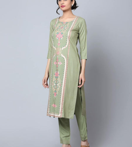 [Like New] Bani Women Rayon Embroidered Kurta Pant Dupatta Set Green Size XX-Large