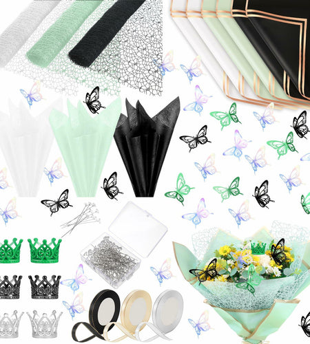 Qilery 334 Pc Flower Wrapping Paper Waterproof Floral Butterfly White Green