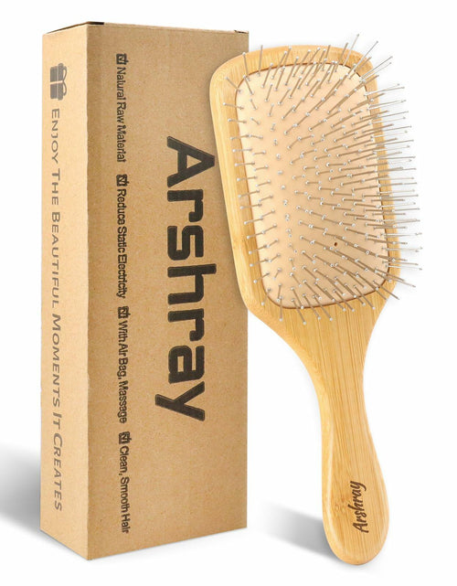 Load image into Gallery viewer, Arshray Bamboo Paddle Hair Brush Stainless Steel Teeth All Hair Types
