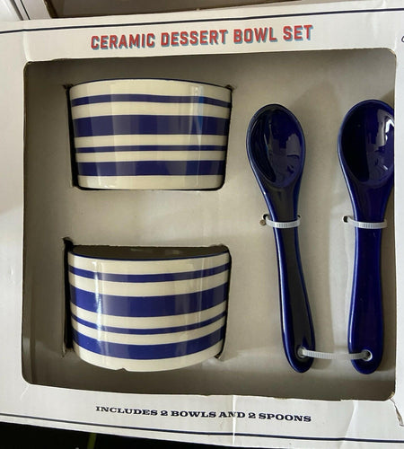 [Like New] White Ceramic Dessert Bowl Set Blue White Striped Chip Pattern