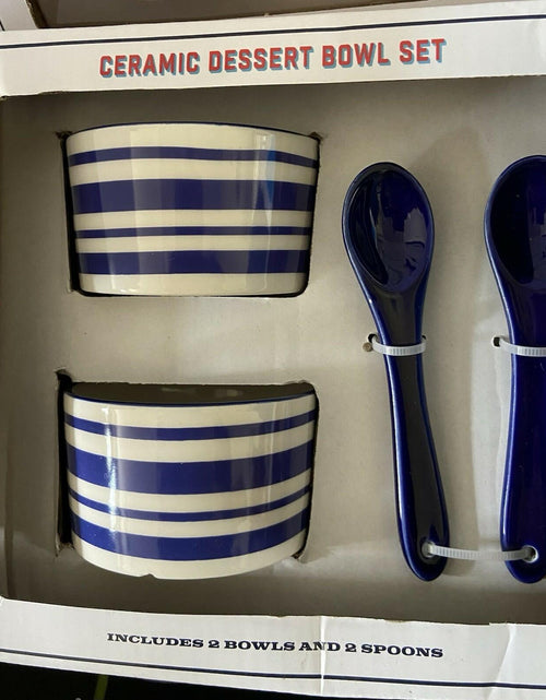 Load image into Gallery viewer, [Like New] White Ceramic Dessert Bowl Set Blue White Striped Chip Pattern
