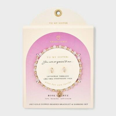 Load image into Gallery viewer, Double Heart Charm Beaded Bracelet &amp; Stud Earrings Set Rose Quartz 2pc
