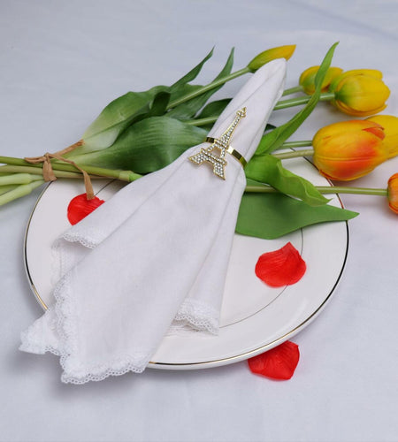 Cloth Dinner Napkins with Lace - Linen Rayon Cotton Blend -White