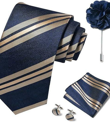 Joy Alice Men’s Tie Set Necktie Handkerchief Cufflinks Brooch Gold Blue
