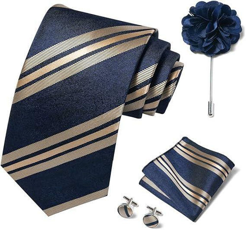 Load image into Gallery viewer, Joy Alice Men’s Tie Set Necktie Handkerchief Cufflinks Brooch Gold Blue
