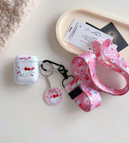LZHZXM Hello Cartoon Cat TPU Case with Pink Lanyard Keychain Transparent