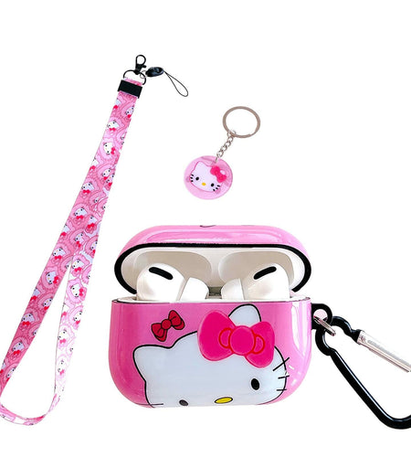 LZHZXM Cute Hello Cartoon Cat TPU Case with Pink Kawaii Lanyard Keychain