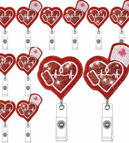 Skyygemm 12 Pcs Nurse Badge Reels Felt Heart Red Retractable Alligator Clip