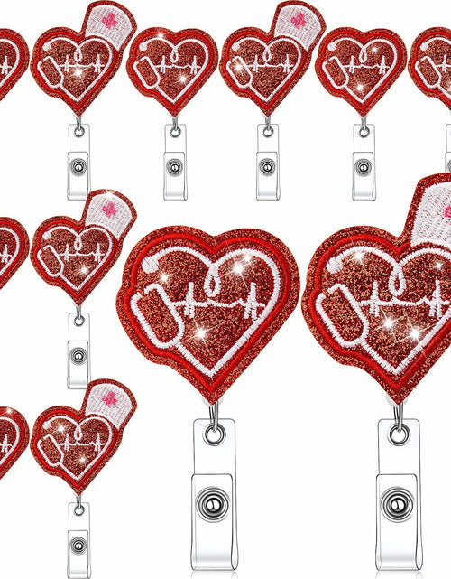 Load image into Gallery viewer, Skyygemm 12 Pcs Nurse Badge Reels Felt Heart Red Retractable Alligator Clip
