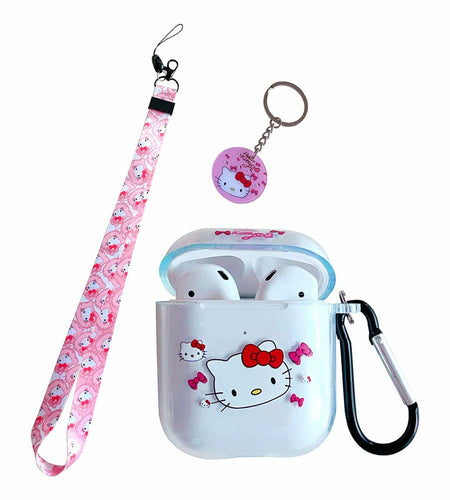 LZHZXM Hello Cartoon Cat TPU Case with Pink Lanyard Keychain Transparent