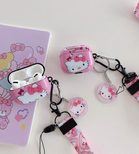 LZHZXM Cute Hello Cartoon Cat TPU Case with Pink Kawaii Lanyard Keychain