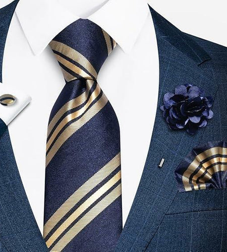 Joy Alice Men’s Tie Set Necktie Handkerchief Cufflinks Brooch Gold Blue