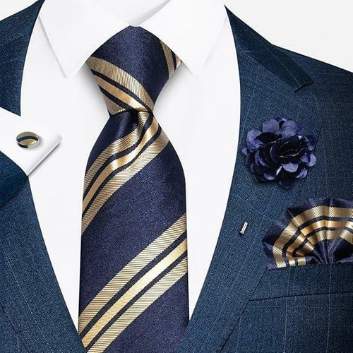 Load image into Gallery viewer, Joy Alice Men’s Tie Set Necktie Handkerchief Cufflinks Brooch Gold Blue
