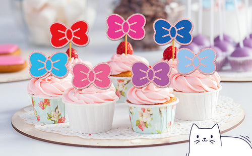 Load image into Gallery viewer, Hokinaa Kawaii Bow Cupcake Toppers 24 Pcs Cute Kitten Multi Colors
