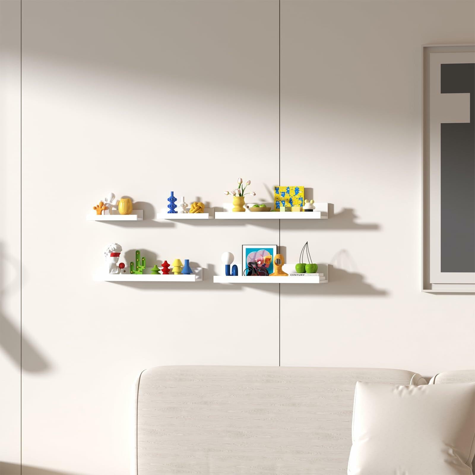 Lyeasw 16in White Floating Wall Shelves Set of 5 with Lip for Kitchen Bath