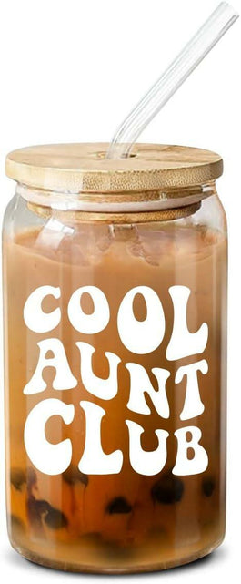 Load image into Gallery viewer, MEOGUTYI Cool Aunties Nephew 16oz Glass Can Shaped Cups with Lids &amp; Straws
