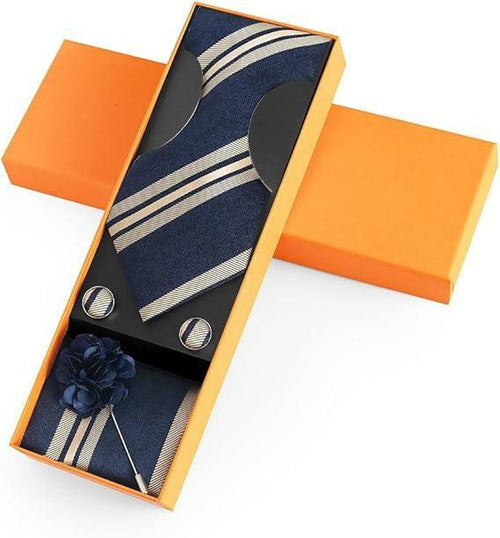 Load image into Gallery viewer, Joy Alice Men’s Tie Set Necktie Handkerchief Cufflinks Brooch Gold Blue
