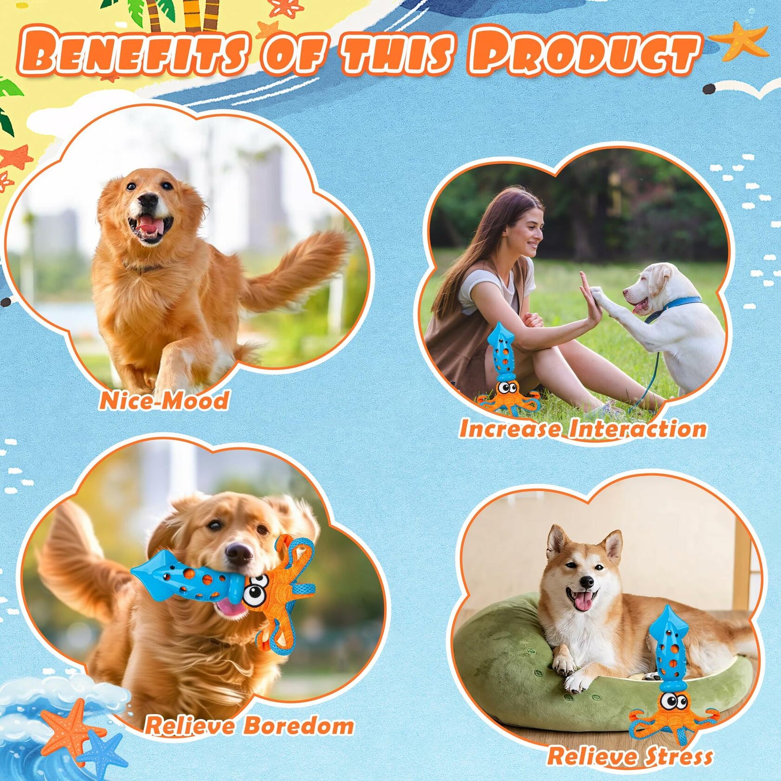 Qonline Squid Shaped Squeaky Dog Toy TPR Material Orange Interactive Play