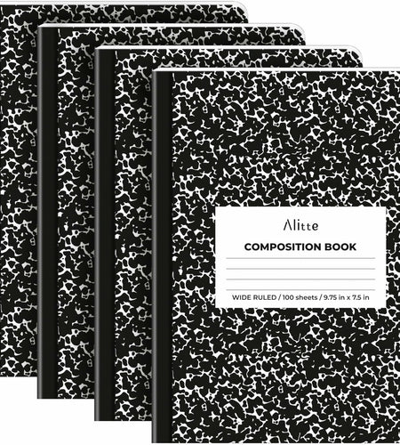 [Like New] Alitte Composition Notebooks 4-Pack Wide Ruled 9.75x7.5 Black Marble