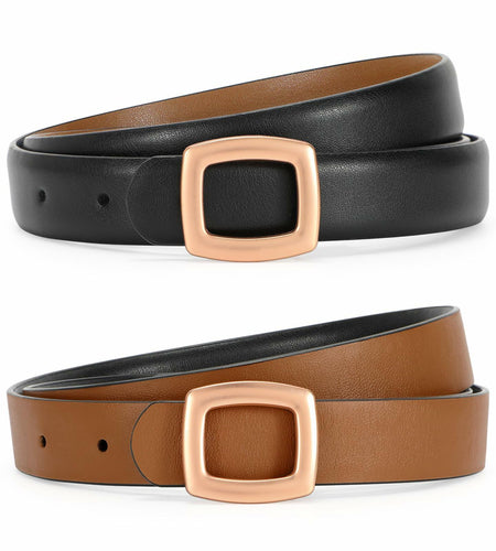 WOWOGO Women Reversible Waist Belt Black/Brown Gold Square Buckle Size 41"-45"