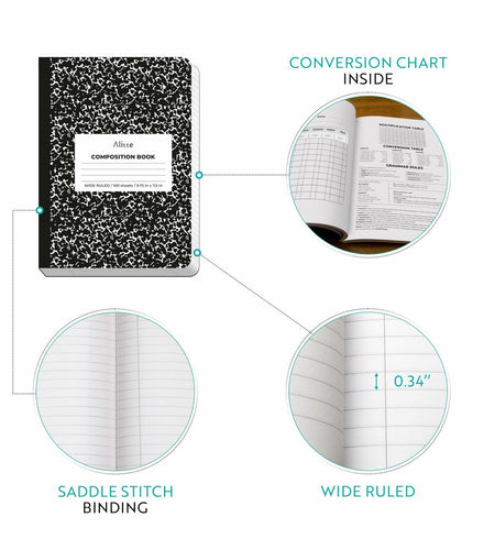 [Like New] Alitte Composition Notebooks 4-Pack Wide Ruled 9.75x7.5 Black Marble