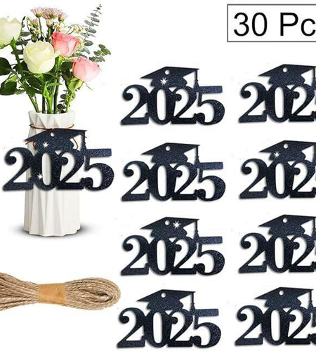 30pcs 2025 Graduation Cutouts Tags Glitter Gold Black Table Decorations