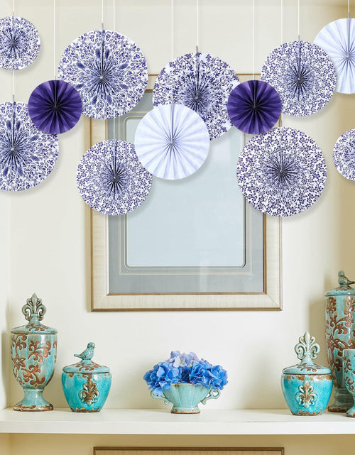 Load image into Gallery viewer, Wonderjune Chinoiserie Hanging Paper Fans Blue White 12 Pcs Party Decor
