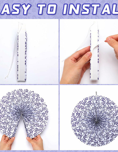 Load image into Gallery viewer, Wonderjune Chinoiserie Hanging Paper Fans Blue White 12 Pcs Party Decor
