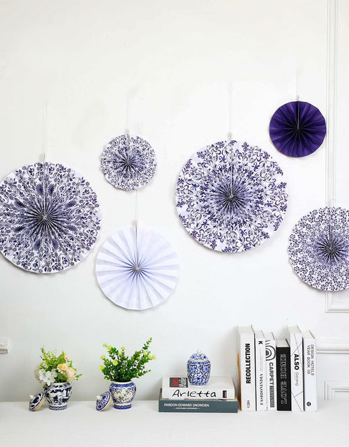 Load image into Gallery viewer, Wonderjune Chinoiserie Hanging Paper Fans Blue White 12 Pcs Party Decor
