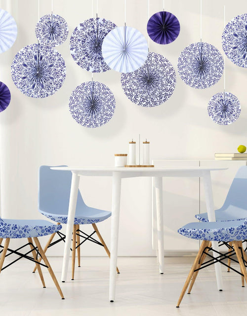 Load image into Gallery viewer, Wonderjune Chinoiserie Hanging Paper Fans Blue White 12 Pcs Party Decor
