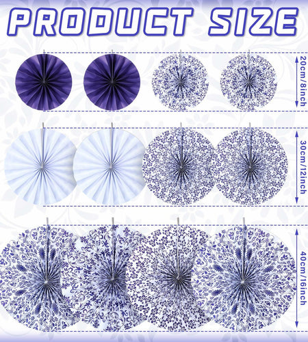 Wonderjune Chinoiserie Hanging Paper Fans Blue White 12 Pcs Party Decor