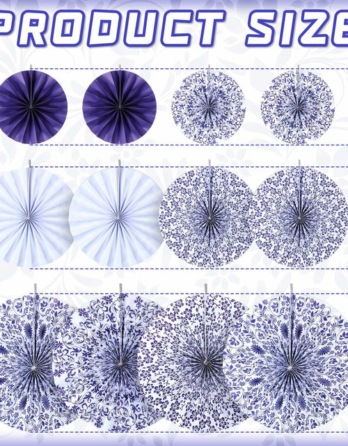 Load image into Gallery viewer, Wonderjune Chinoiserie Hanging Paper Fans Blue White 12 Pcs Party Decor
