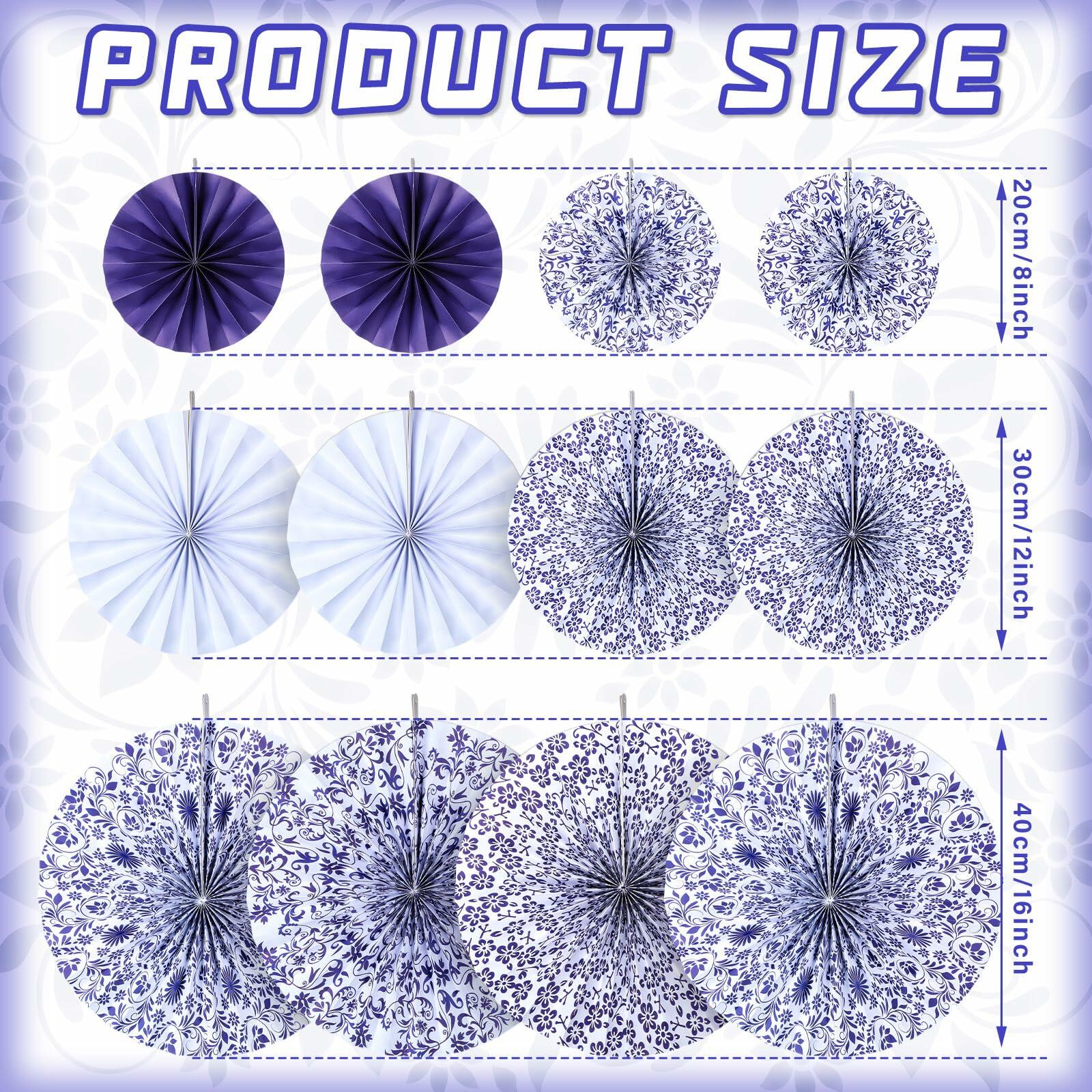 Wonderjune Chinoiserie Hanging Paper Fans Blue White 12 Pcs Party Decor