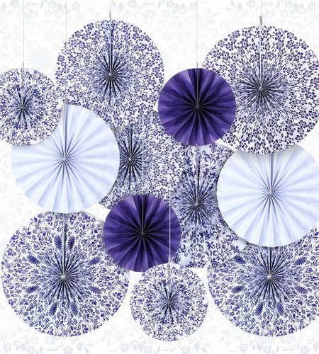 Wonderjune Chinoiserie Hanging Paper Fans Blue White 12 Pcs Party Decor