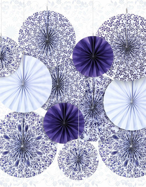 Load image into Gallery viewer, Wonderjune Chinoiserie Hanging Paper Fans Blue White 12 Pcs Party Decor
