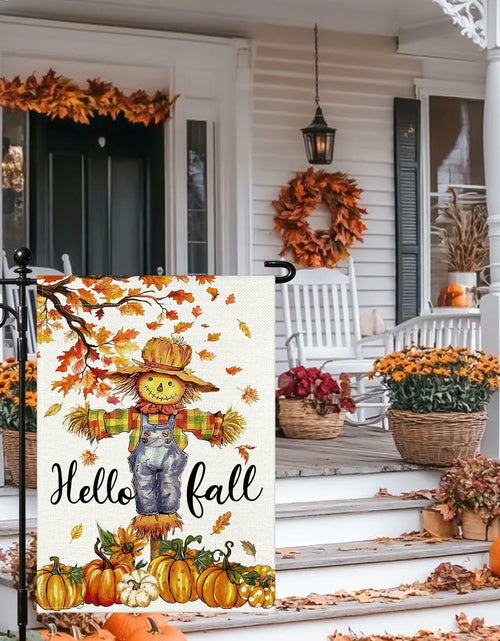 Load image into Gallery viewer, Artscope Fall Maple Leaves Scarecrow Pumpkin Garden Flag 12x18 Inch Polyester
