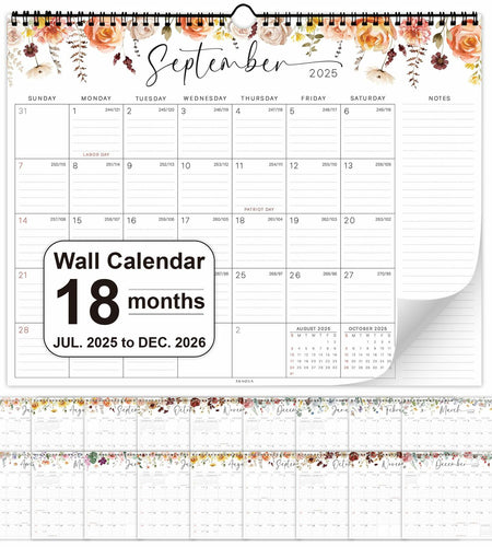 36AQUA Floral Wall Calendar 2025-2026 11x14" 18-Month Thick Paper