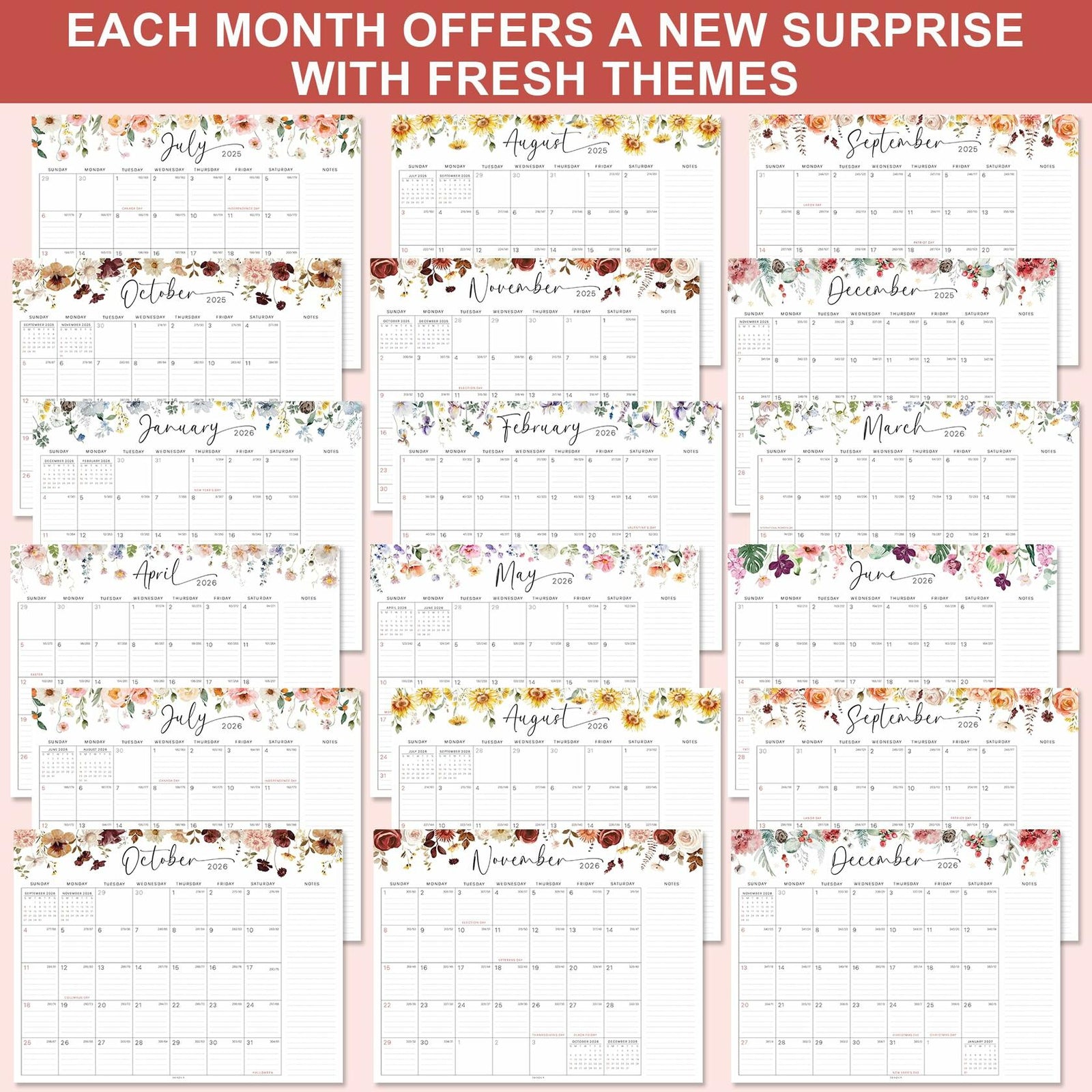 36AQUA Floral Wall Calendar 2025-2026 11x14" 18-Month Thick Paper