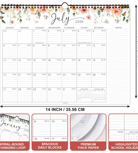 36AQUA Floral Wall Calendar 2025-2026 11x14" 18-Month Thick Paper