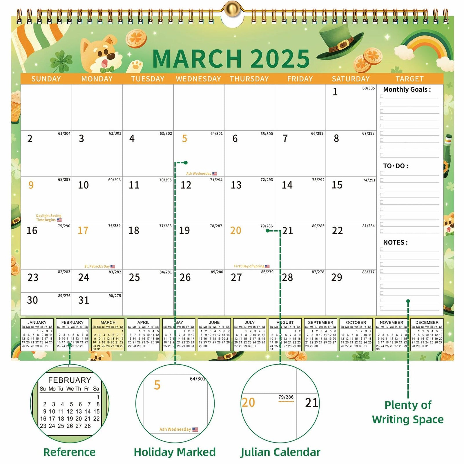EYROZILL 2025 Wall Calendar Planner Hanging Spiral Bound Magnetic Pet 15x12