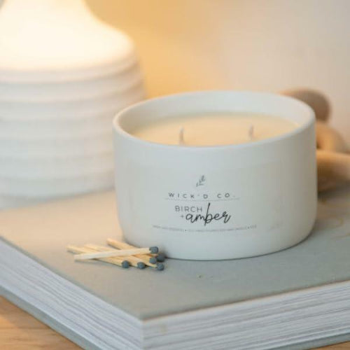 Load image into Gallery viewer, Wick'd Co. Birch + Amber Scented Soy Candle 12oz Natural Cotton Wick
