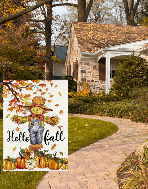 Load image into Gallery viewer, Artscope Fall Maple Leaves Scarecrow Pumpkin Garden Flag 12x18 Inch Polyester
