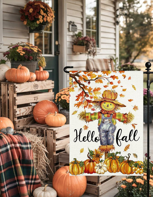 Load image into Gallery viewer, Artscope Fall Maple Leaves Scarecrow Pumpkin Garden Flag 12x18 Inch Polyester
