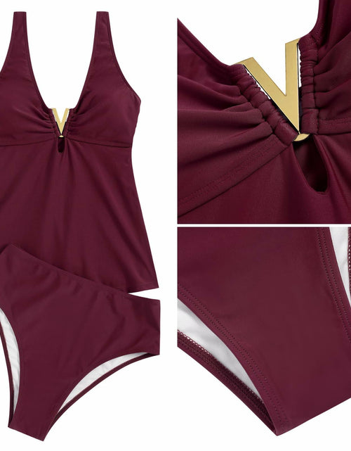 Load image into Gallery viewer, ZAFUL Women’s Tankini Set V Neck High Waisted Ruched 2pc Plum Pie M
